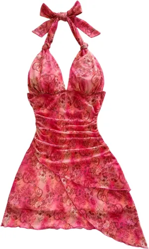 Women's Floral Print Sleeveless Halter Deep V Tie Mini Dress Ruched Backless Slim Fit Cami Dresses Knot Boho Dress