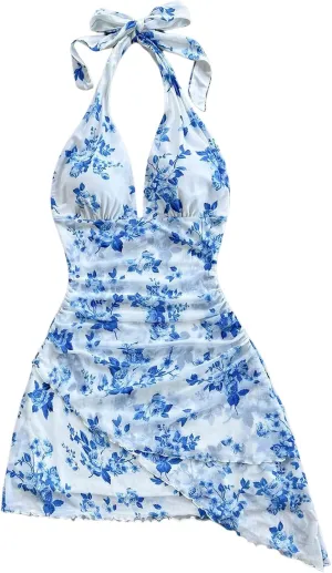 Women's Floral Print Sleeveless Halter Deep V Tie Mini Dress Ruched Backless Slim Fit Cami Dresses Knot Boho Dress