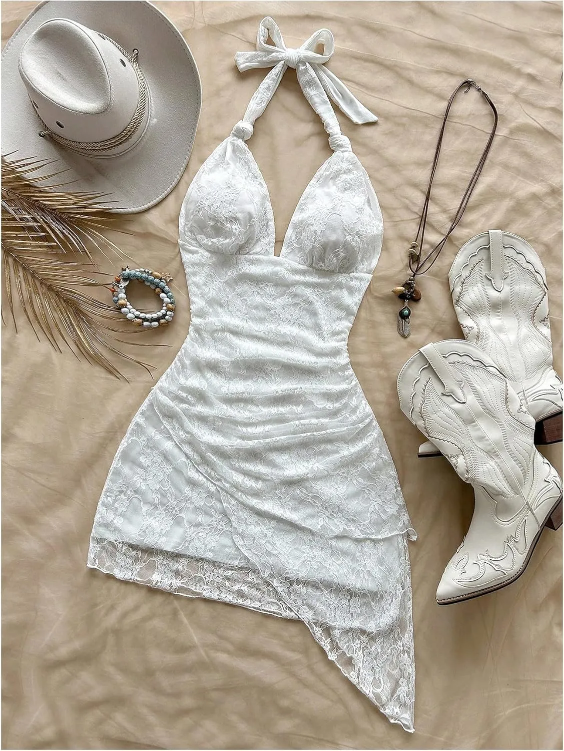 Women's Floral Print Sleeveless Halter Deep V Tie Mini Dress Ruched Backless Slim Fit Cami Dresses Knot Boho Dress