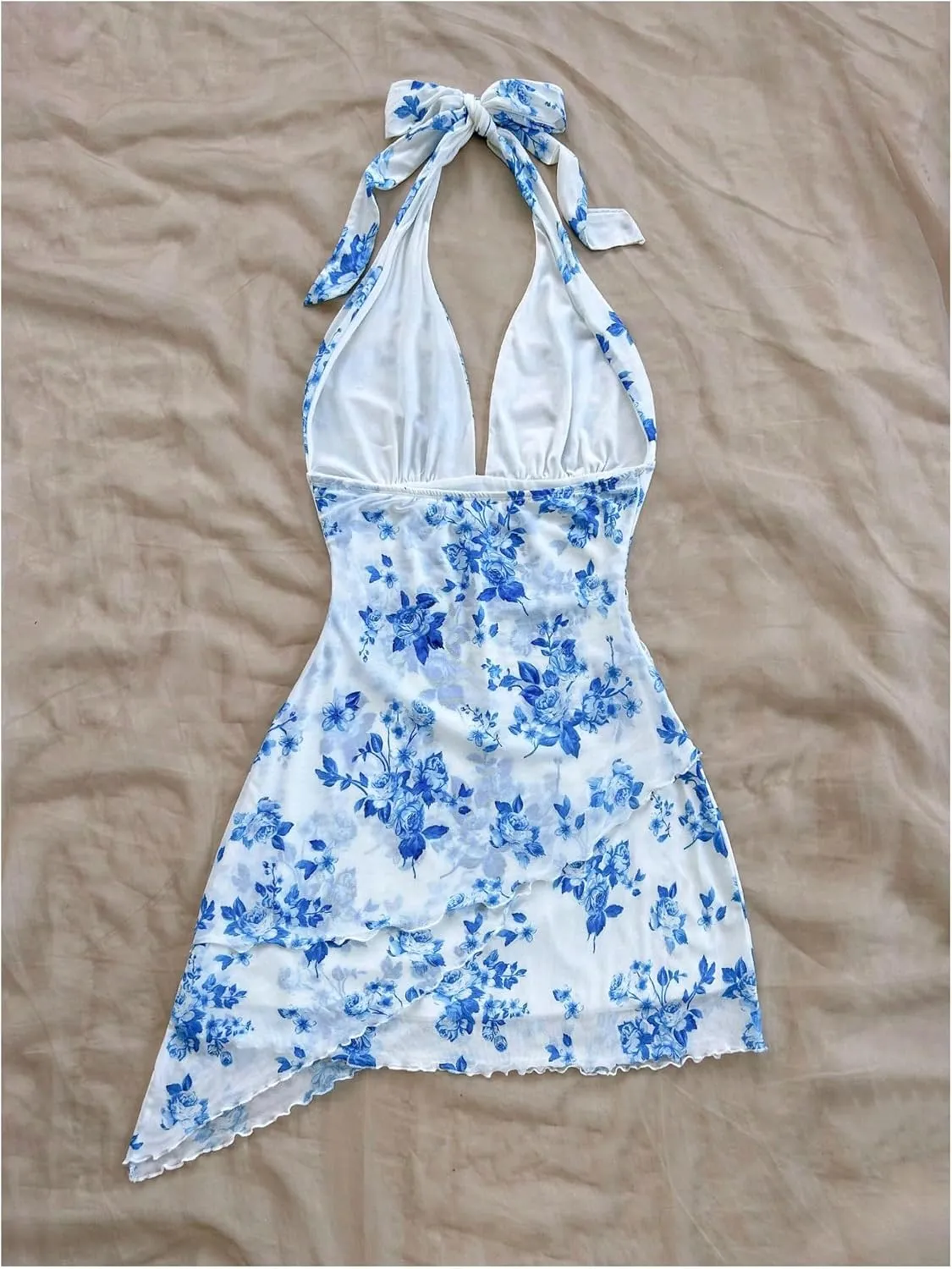 Women's Floral Print Sleeveless Halter Deep V Tie Mini Dress Ruched Backless Slim Fit Cami Dresses Knot Boho Dress