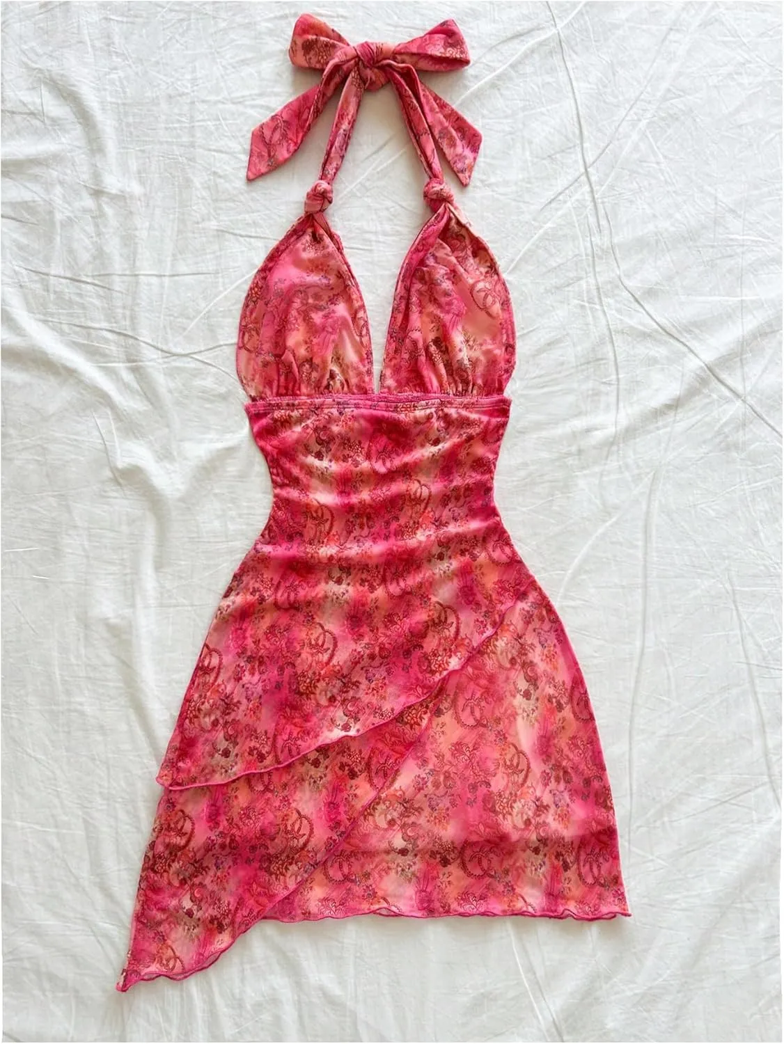 Women's Floral Print Sleeveless Halter Deep V Tie Mini Dress Ruched Backless Slim Fit Cami Dresses Knot Boho Dress