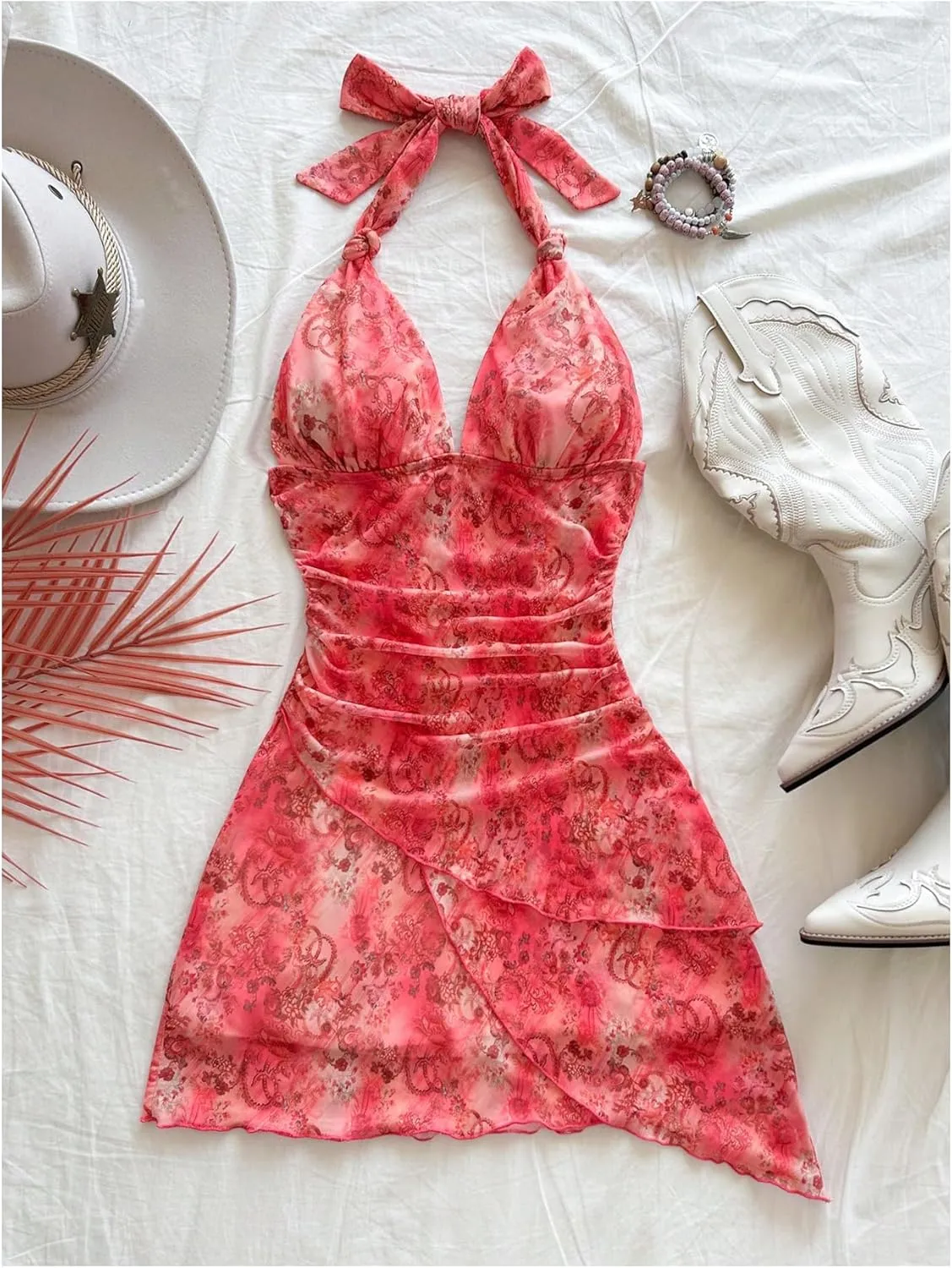 Women's Floral Print Sleeveless Halter Deep V Tie Mini Dress Ruched Backless Slim Fit Cami Dresses Knot Boho Dress