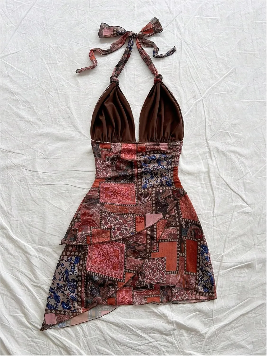 Women's Floral Print Sleeveless Halter Deep V Tie Mini Dress Ruched Backless Slim Fit Cami Dresses Knot Boho Dress