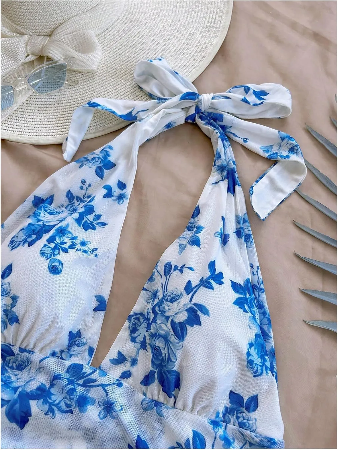 Women's Floral Print Sleeveless Halter Deep V Tie Mini Dress Ruched Backless Slim Fit Cami Dresses Knot Boho Dress