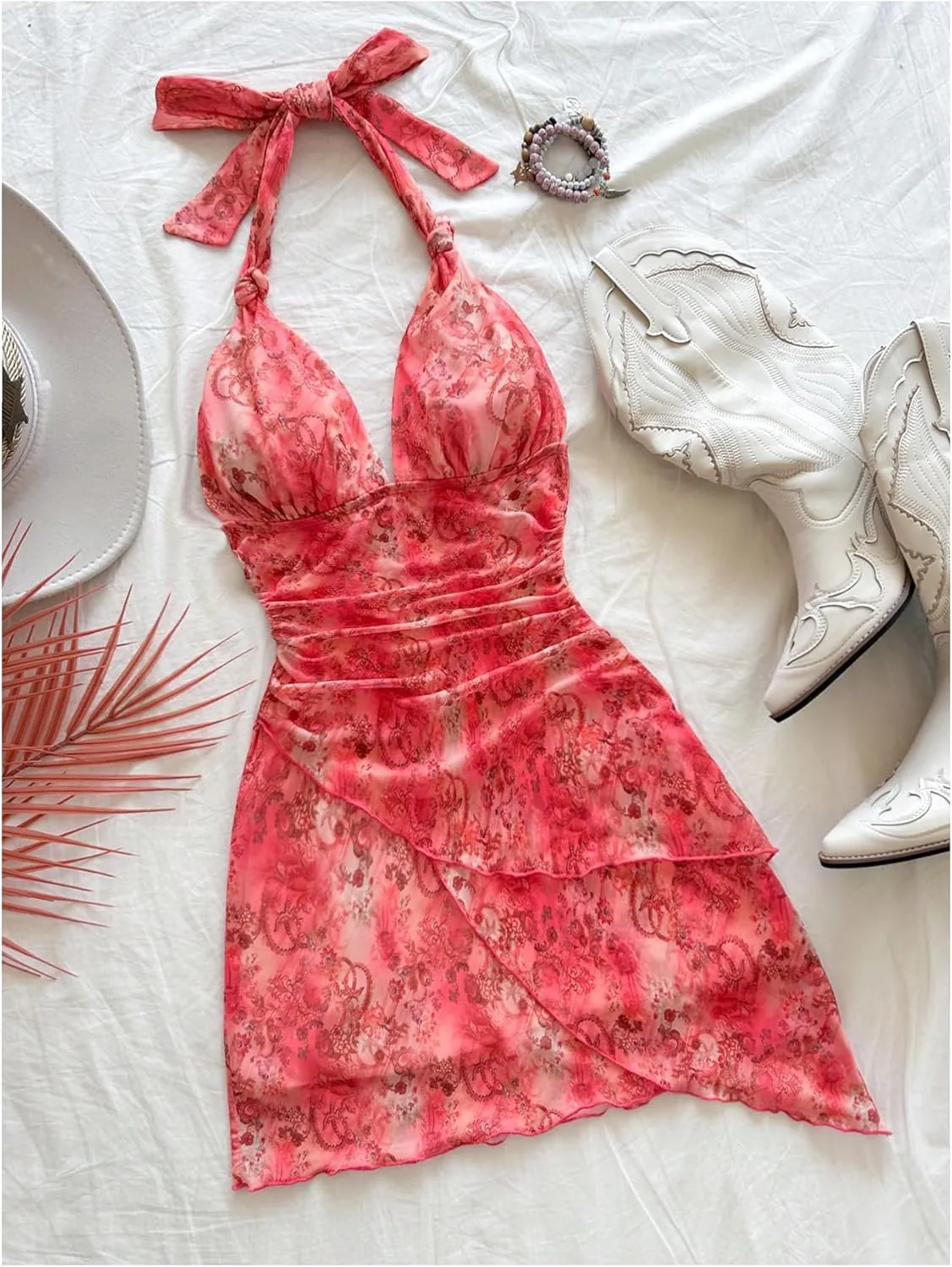 Women's Floral Print Sleeveless Halter Deep V Tie Mini Dress Ruched Backless Slim Fit Cami Dresses Knot Boho Dress