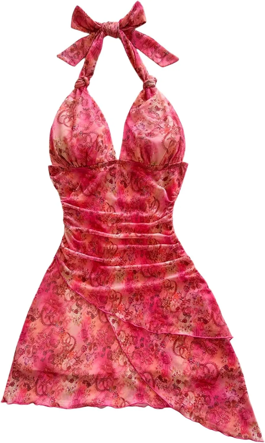 Women's Floral Print Sleeveless Halter Deep V Tie Mini Dress Ruched Backless Slim Fit Cami Dresses Knot Boho Dress