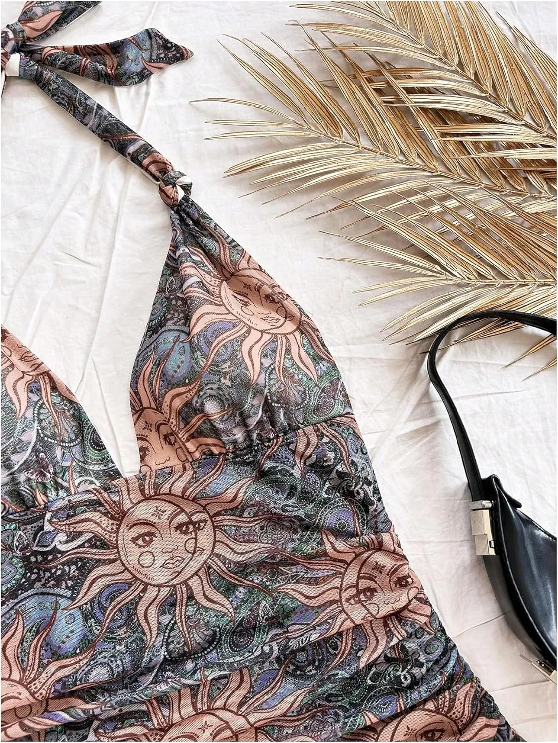 Women's Floral Print Sleeveless Halter Deep V Tie Mini Dress Ruched Backless Slim Fit Cami Dresses Knot Boho Dress