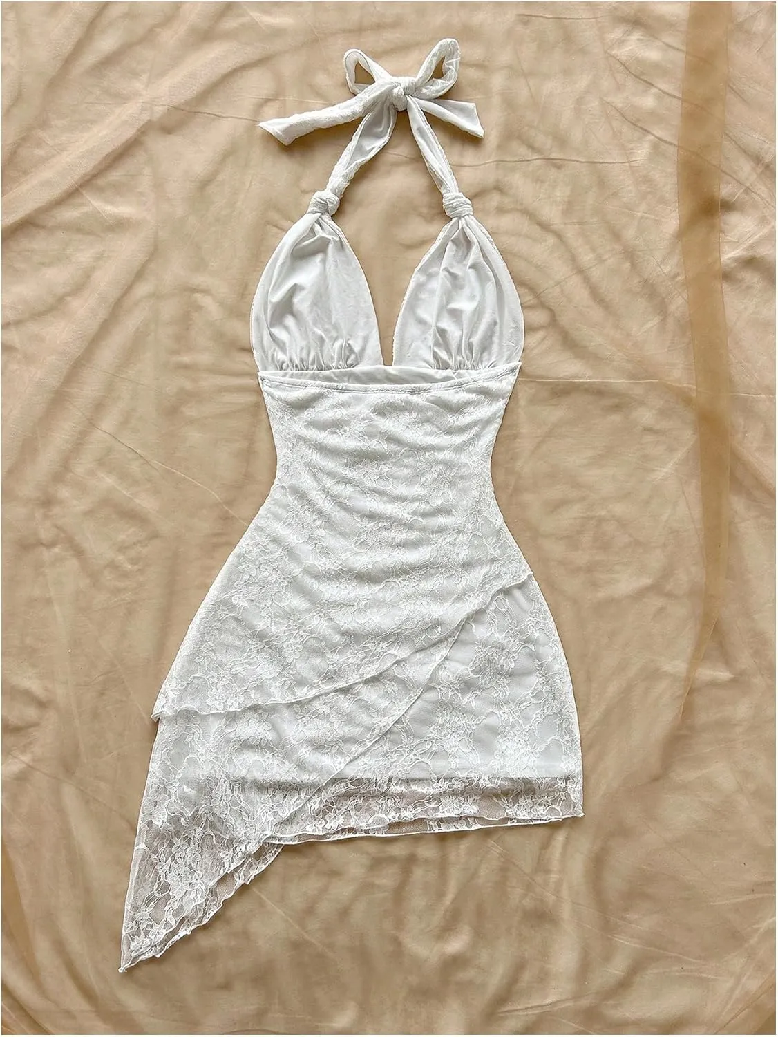Women's Floral Print Sleeveless Halter Deep V Tie Mini Dress Ruched Backless Slim Fit Cami Dresses Knot Boho Dress