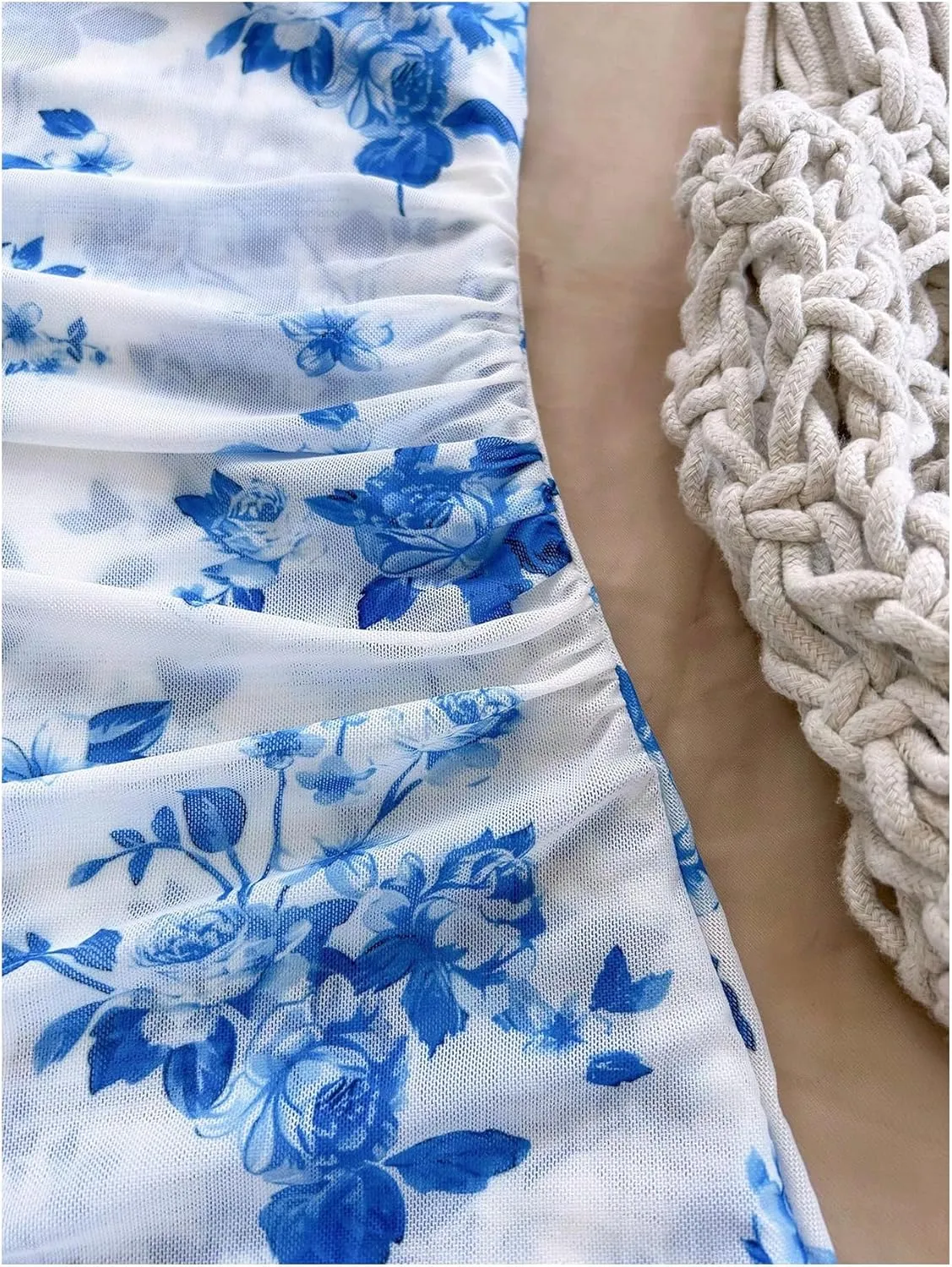 Women's Floral Print Sleeveless Halter Deep V Tie Mini Dress Ruched Backless Slim Fit Cami Dresses Knot Boho Dress