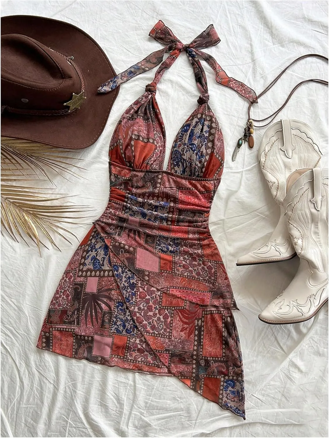Women's Floral Print Sleeveless Halter Deep V Tie Mini Dress Ruched Backless Slim Fit Cami Dresses Knot Boho Dress
