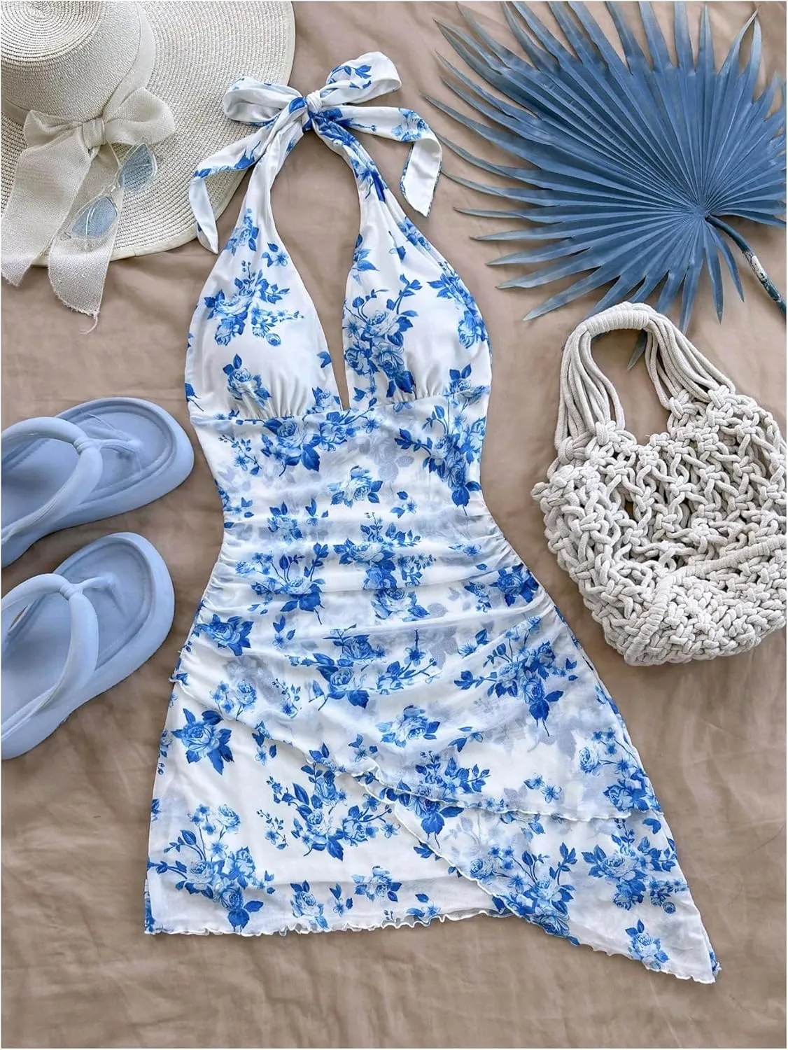 Women's Floral Print Sleeveless Halter Deep V Tie Mini Dress Ruched Backless Slim Fit Cami Dresses Knot Boho Dress