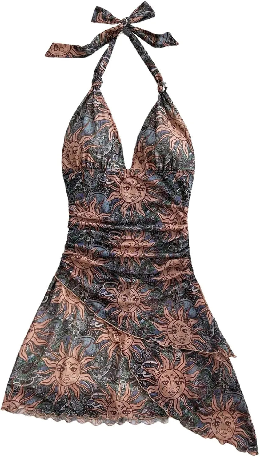 Women's Floral Print Sleeveless Halter Deep V Tie Mini Dress Ruched Backless Slim Fit Cami Dresses Knot Boho Dress