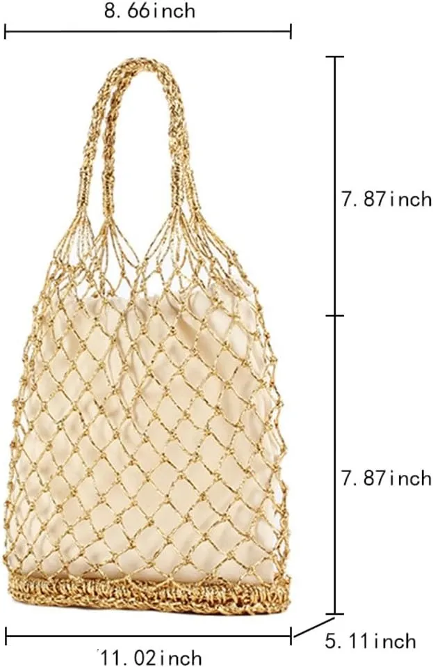 Womens Gold Silver Thread Handwoven Beach Bag Bohemian Straw Tote Handbags Lightweight Summer Purse for Vacation