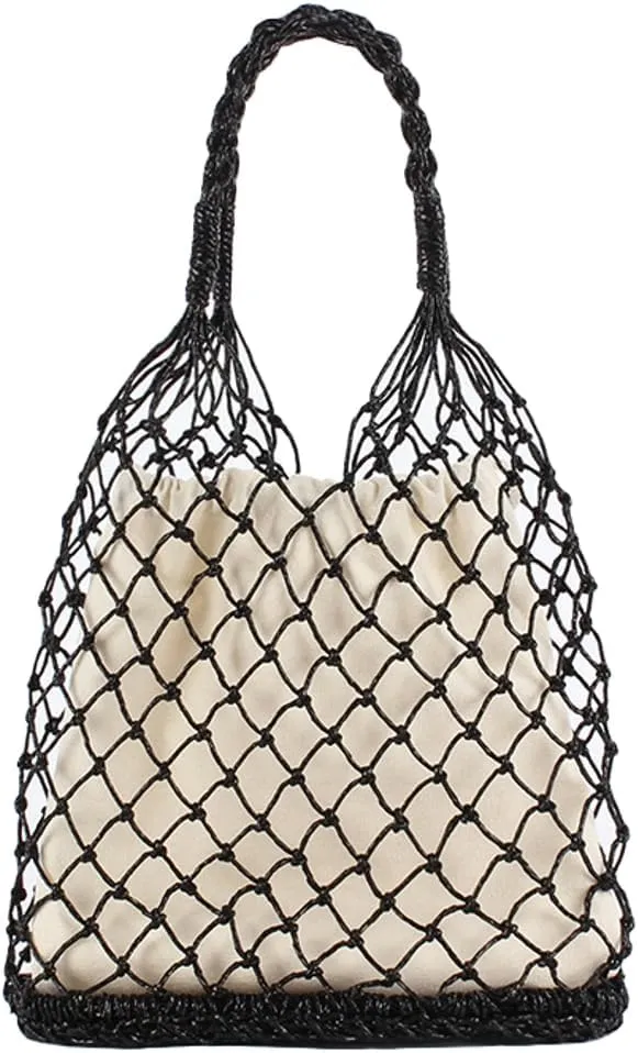 Womens Gold Silver Thread Handwoven Beach Bag Bohemian Straw Tote Handbags Lightweight Summer Purse for Vacation