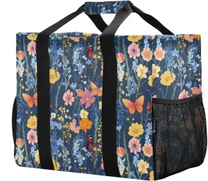 Women's Handbag Large Beach Tote Bag Zippered Handbag Quilted Shoulder Bag for Travel Work Gym Wildflowers Ornamental Grasses Butterflies