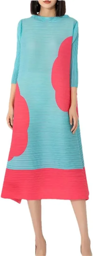 Women's High Collar Dress Loose Elastic Printed Pleated Skirt