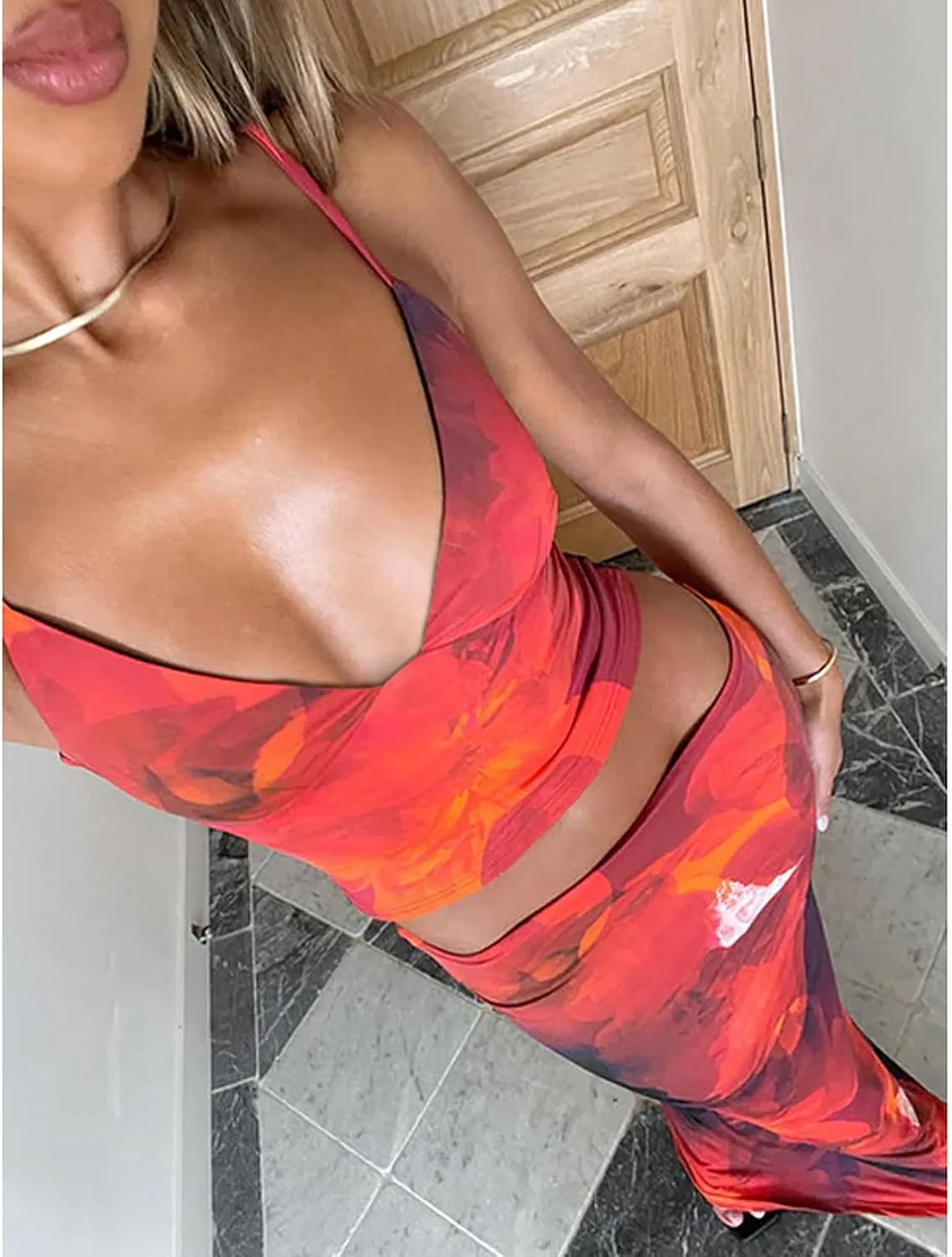 Womens Maxi Skirt Set Y2K Floral Print Halter Top Long Skirt V-Neck Cami Top Slim Fit Pencil Skirts Sets
