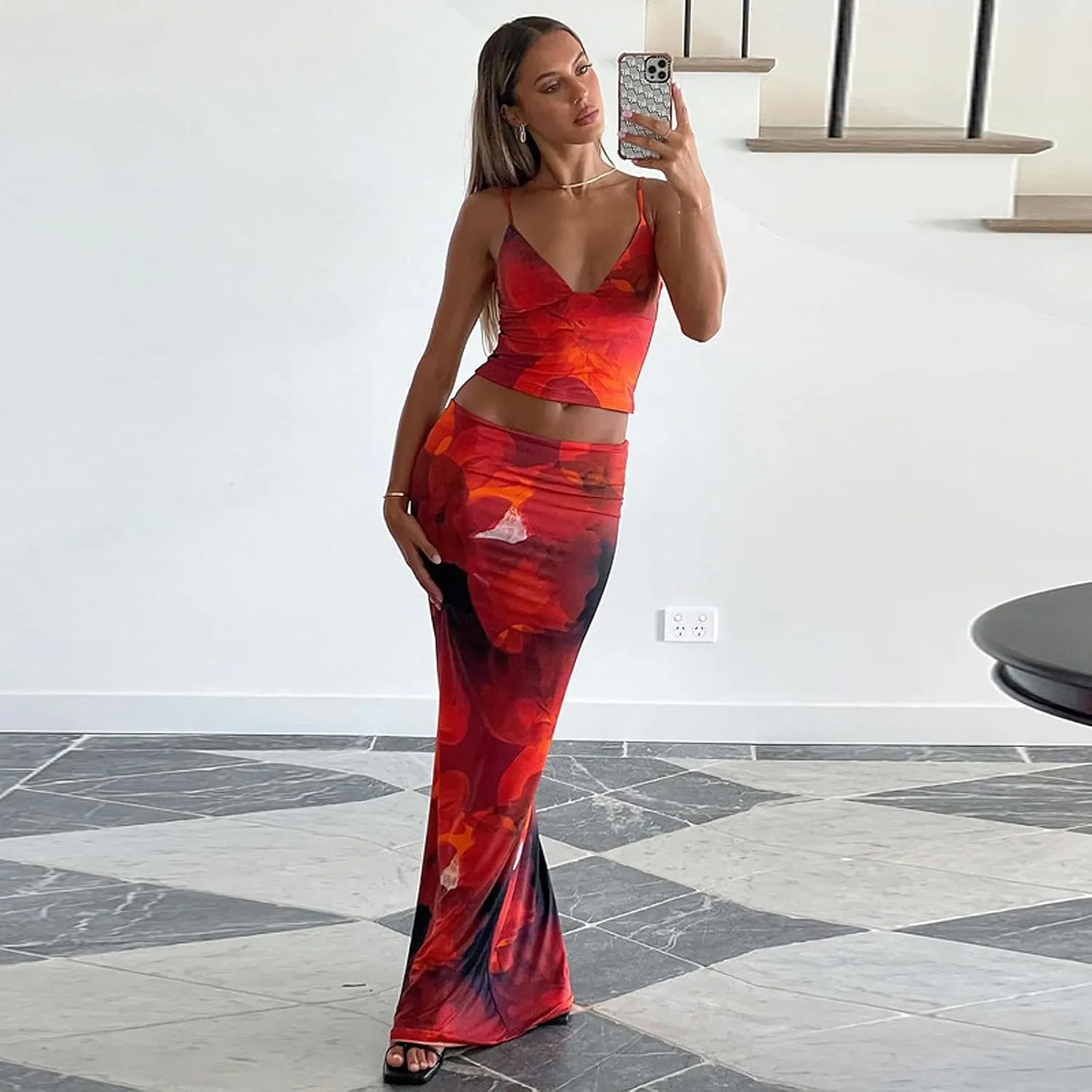 Womens Maxi Skirt Set Y2K Floral Print Halter Top Long Skirt V-Neck Cami Top Slim Fit Pencil Skirts Sets