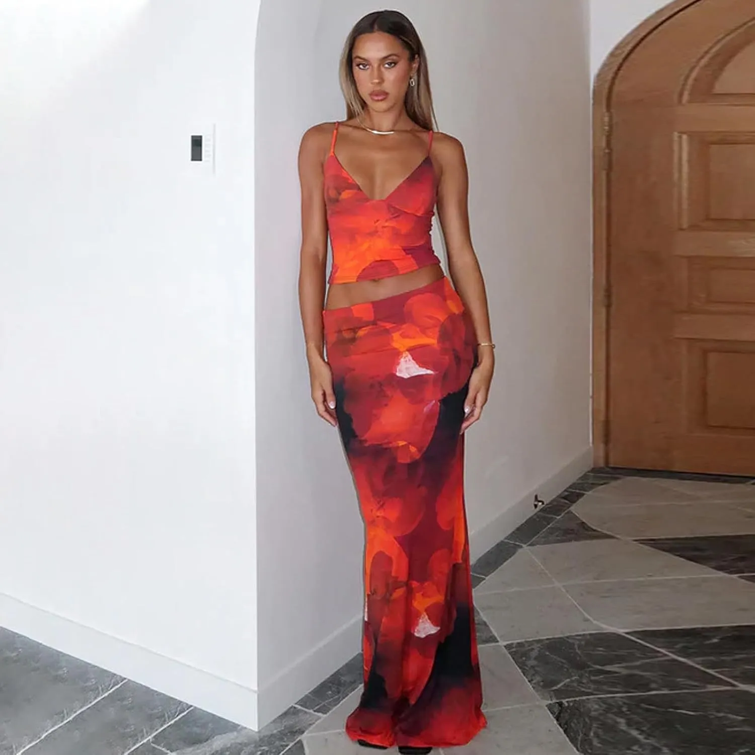 Womens Maxi Skirt Set Y2K Floral Print Halter Top Long Skirt V-Neck Cami Top Slim Fit Pencil Skirts Sets