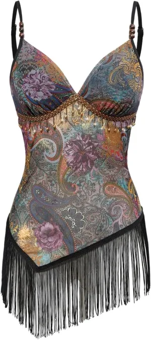 Women's Paisley Print Beaded Fringe Cami Tops Vintage Mesh Spaghetti Strap Asymmetrical Boho Crop Top Tassel Camis