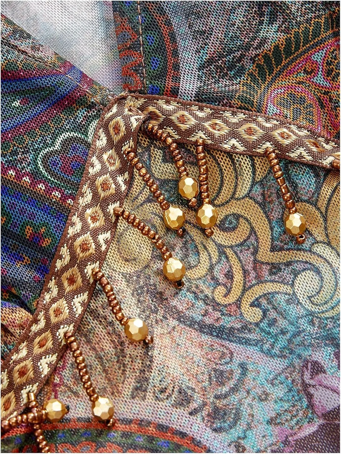 Women's Paisley Print Beaded Fringe Cami Tops Vintage Mesh Spaghetti Strap Asymmetrical Boho Crop Top Tassel Camis