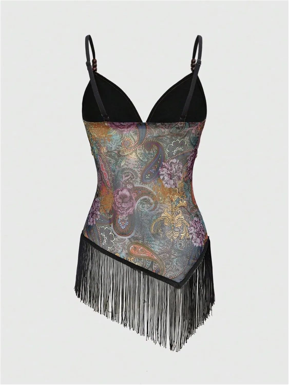 Women's Paisley Print Beaded Fringe Cami Tops Vintage Mesh Spaghetti Strap Asymmetrical Boho Crop Top Tassel Camis