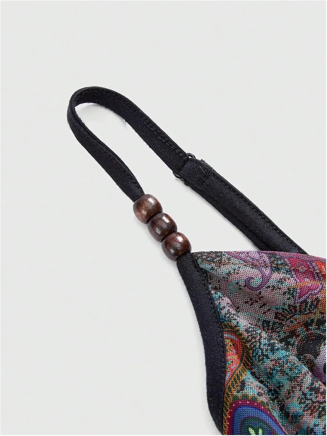 Women's Paisley Print Beaded Fringe Cami Tops Vintage Mesh Spaghetti Strap Asymmetrical Boho Crop Top Tassel Camis