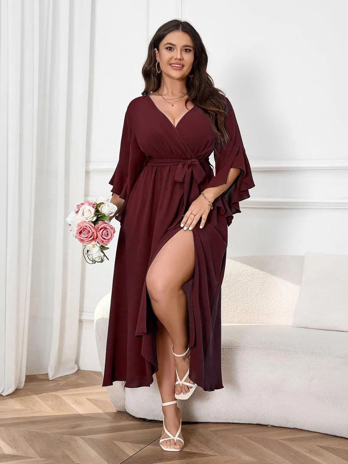Womens Plus Size Dress Wedding Guest Cocktail Ruffle Half Sleeve Wrap V Neck Slit A Line Maxi Dresses with Belt