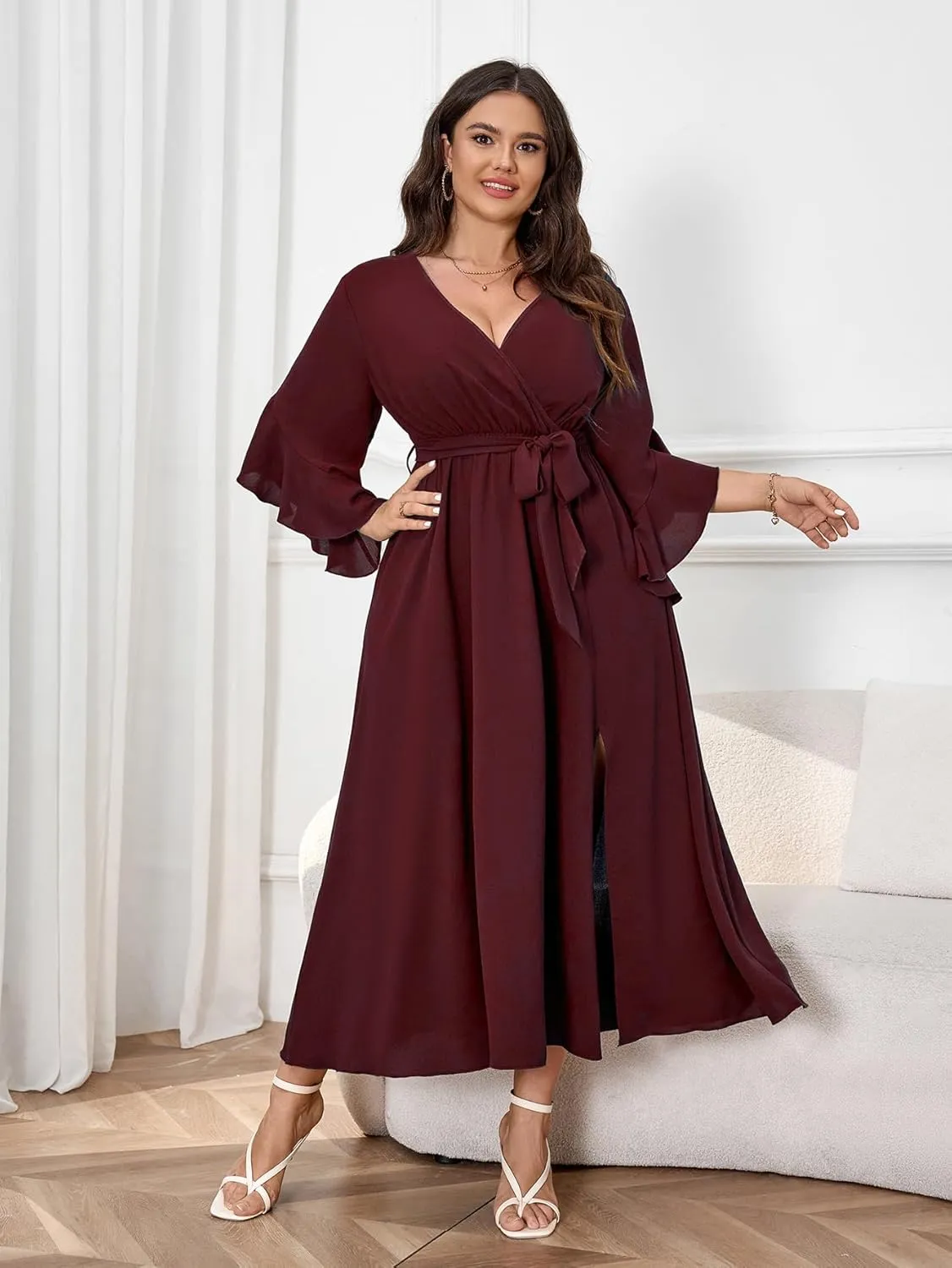 Womens Plus Size Dress Wedding Guest Cocktail Ruffle Half Sleeve Wrap V Neck Slit A Line Maxi Dresses with Belt