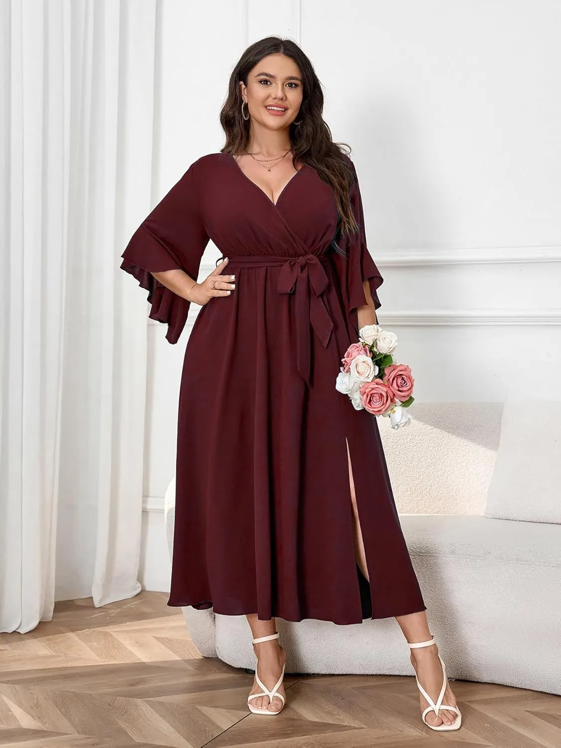 Womens Plus Size Dress Wedding Guest Cocktail Ruffle Half Sleeve Wrap V Neck Slit A Line Maxi Dresses with Belt