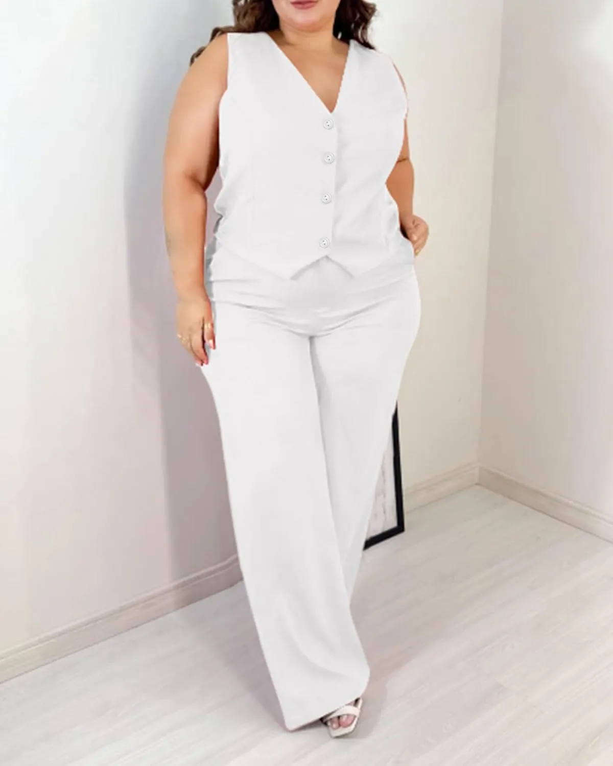 Women's Plus Size Pant Suits 2 Piece Outfits Button Vest Blazer Pockets Wide Leg Pants Sets Casual Pantsuits
