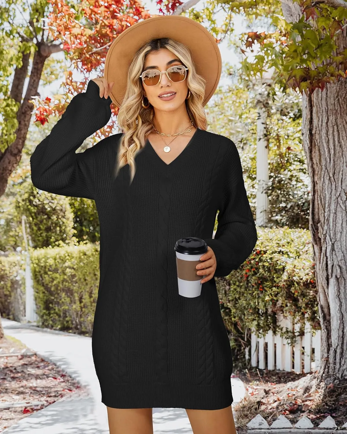 Women's Pullovers Jumper Sweaters Lantern Sleeve Casual V Neck Fall Knit Mini Sweater Dresses
