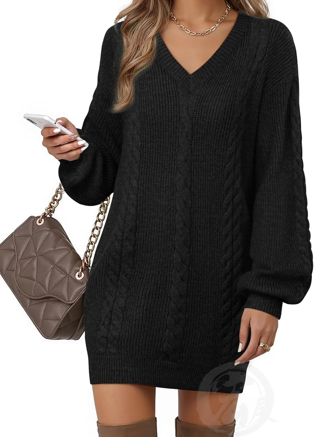 Women's Pullovers Jumper Sweaters Lantern Sleeve Casual V Neck Fall Knit Mini Sweater Dresses