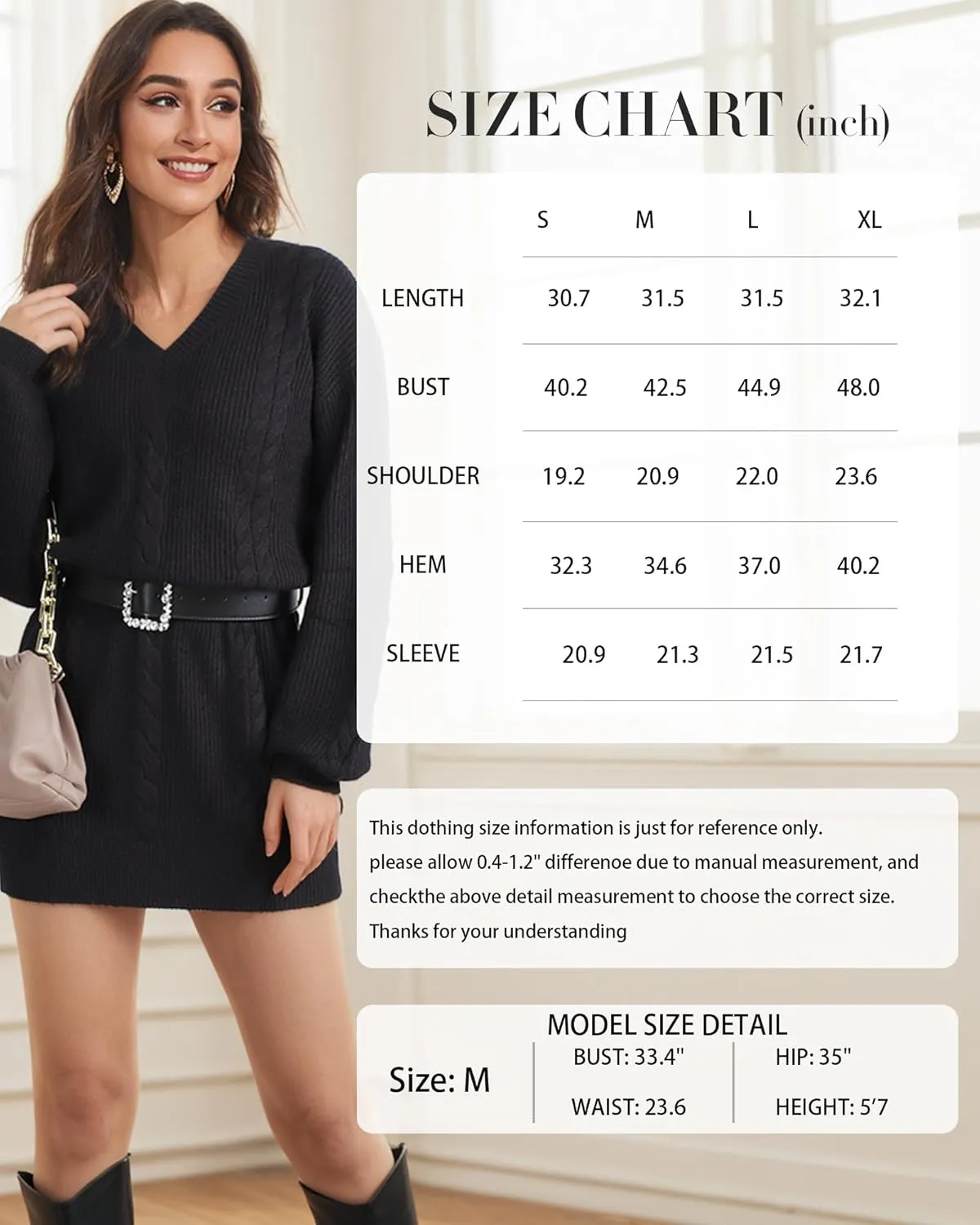 Women's Pullovers Jumper Sweaters Lantern Sleeve Casual V Neck Fall Knit Mini Sweater Dresses
