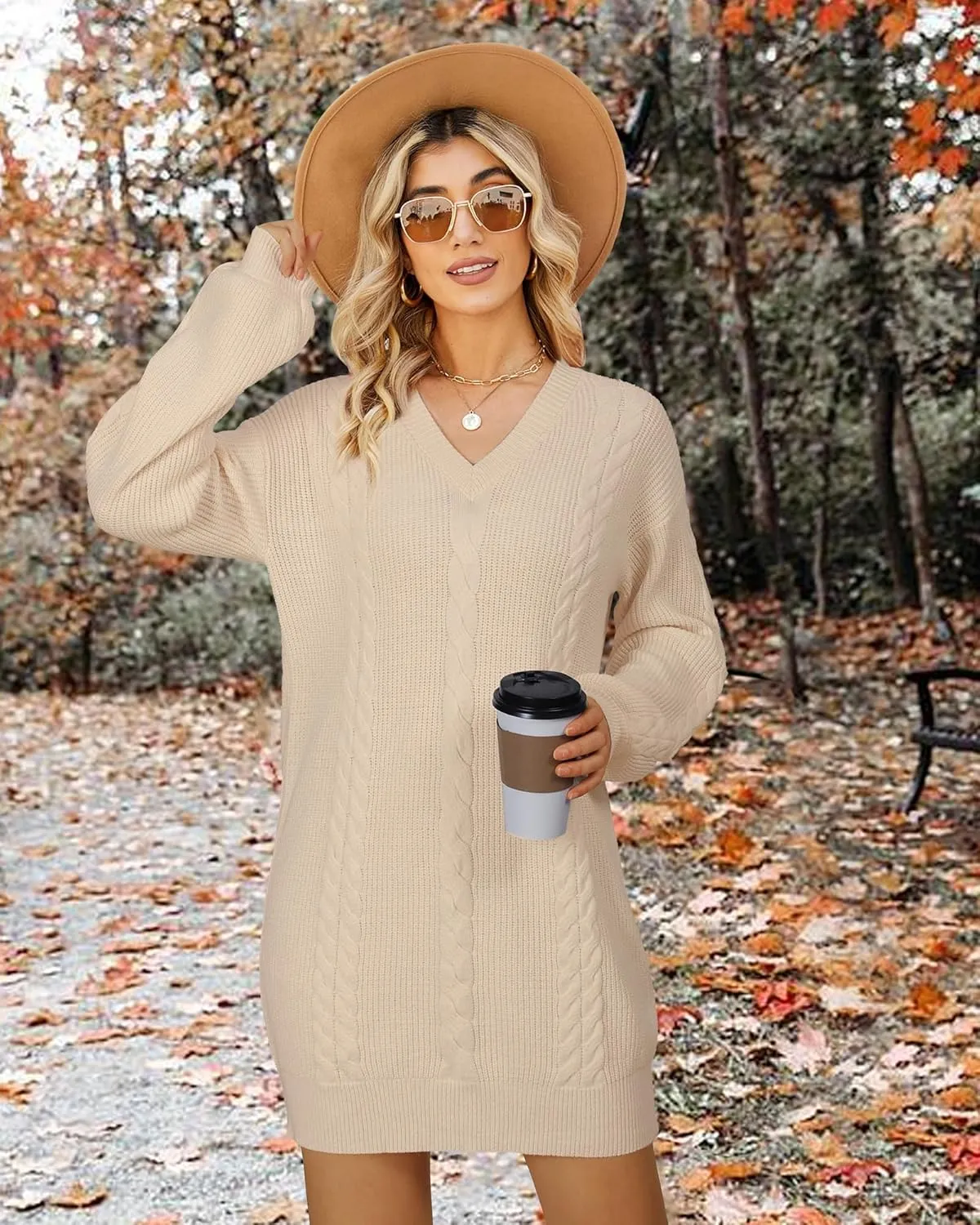 Women's Pullovers Jumper Sweaters Lantern Sleeve Casual V Neck Fall Knit Mini Sweater Dresses