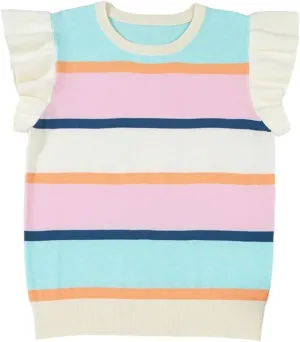 Women's Round Neck Striped Contrasting Ruffle Edge Short Sleeve Casual Knitted Pullover Top