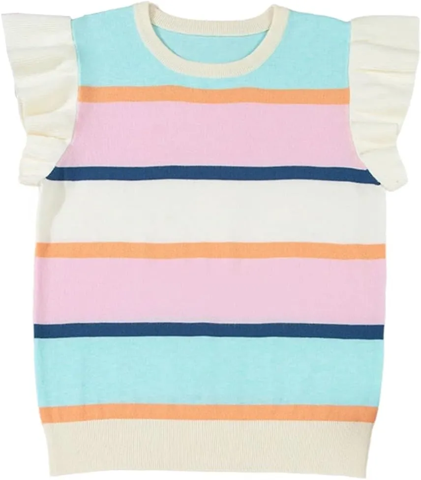 Women's Round Neck Striped Contrasting Ruffle Edge Short Sleeve Casual Knitted Pullover Top