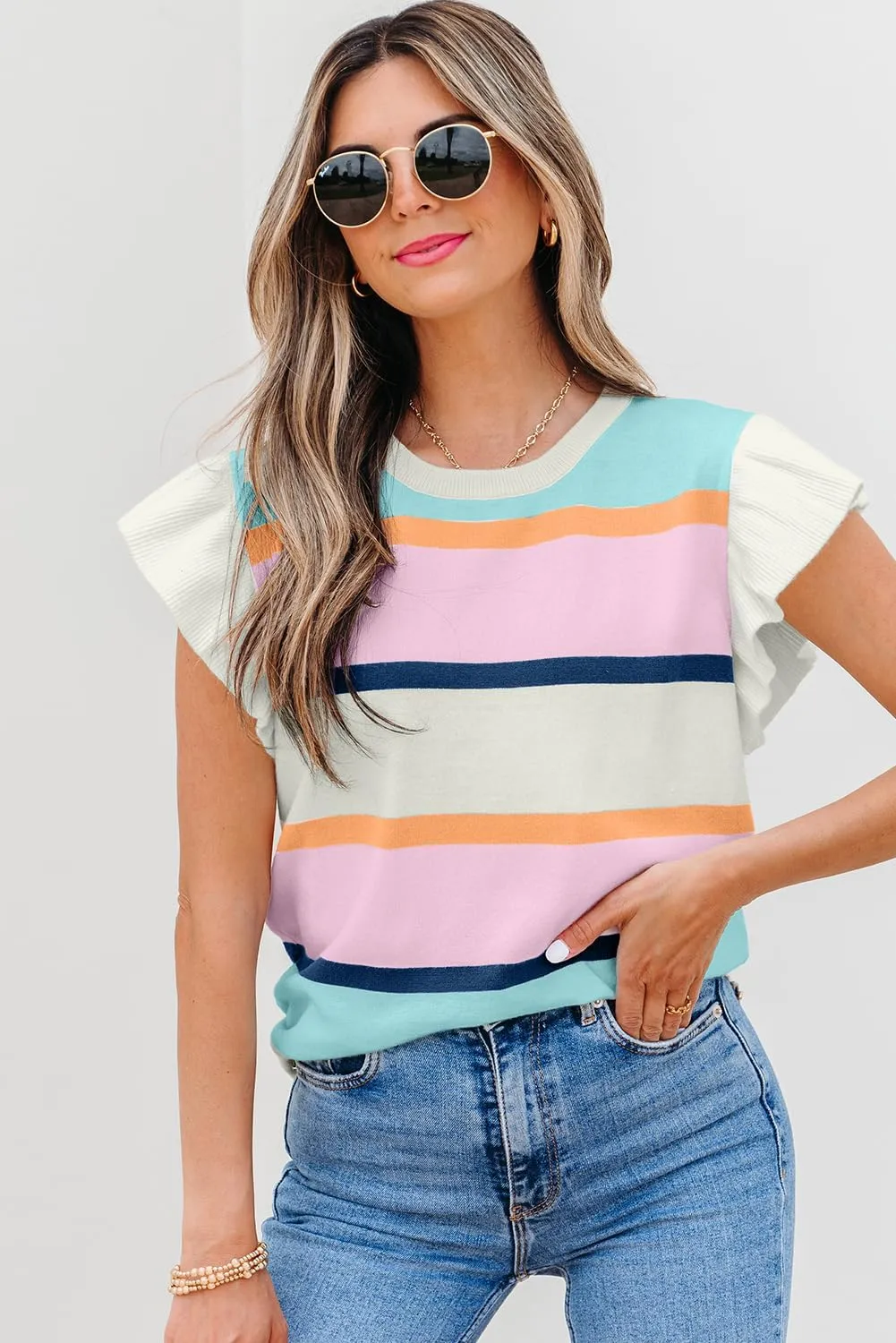 Women's Round Neck Striped Contrasting Ruffle Edge Short Sleeve Casual Knitted Pullover Top