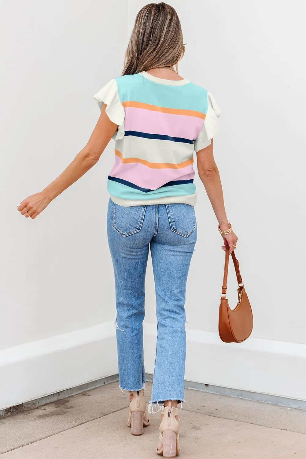 Women's Round Neck Striped Contrasting Ruffle Edge Short Sleeve Casual Knitted Pullover Top