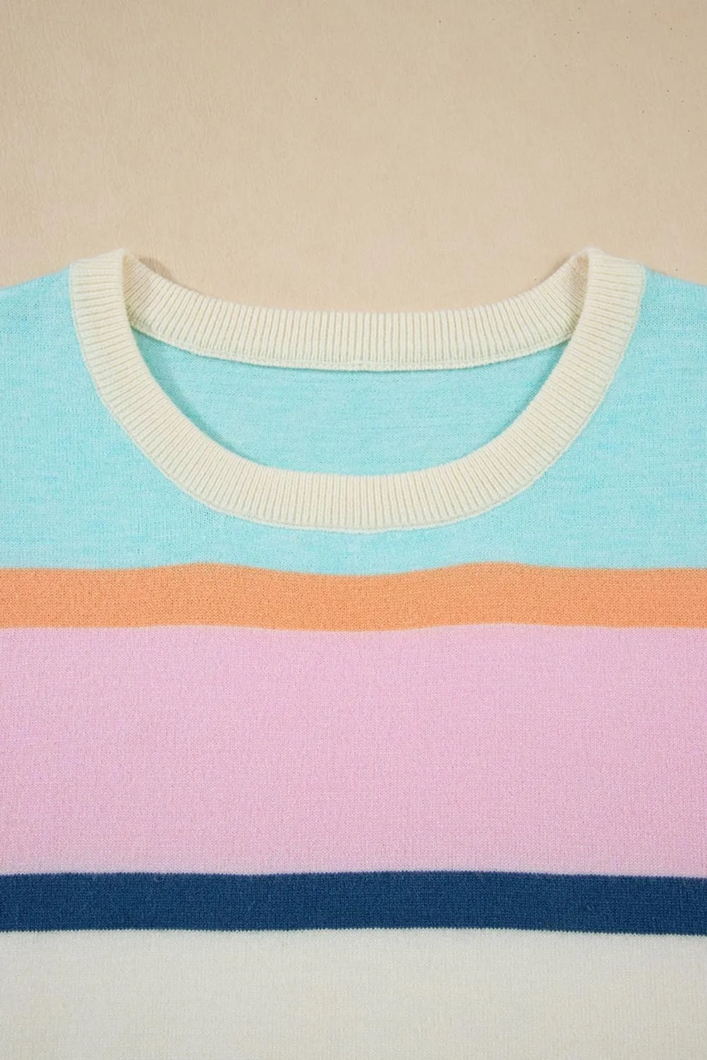 Women's Round Neck Striped Contrasting Ruffle Edge Short Sleeve Casual Knitted Pullover Top
