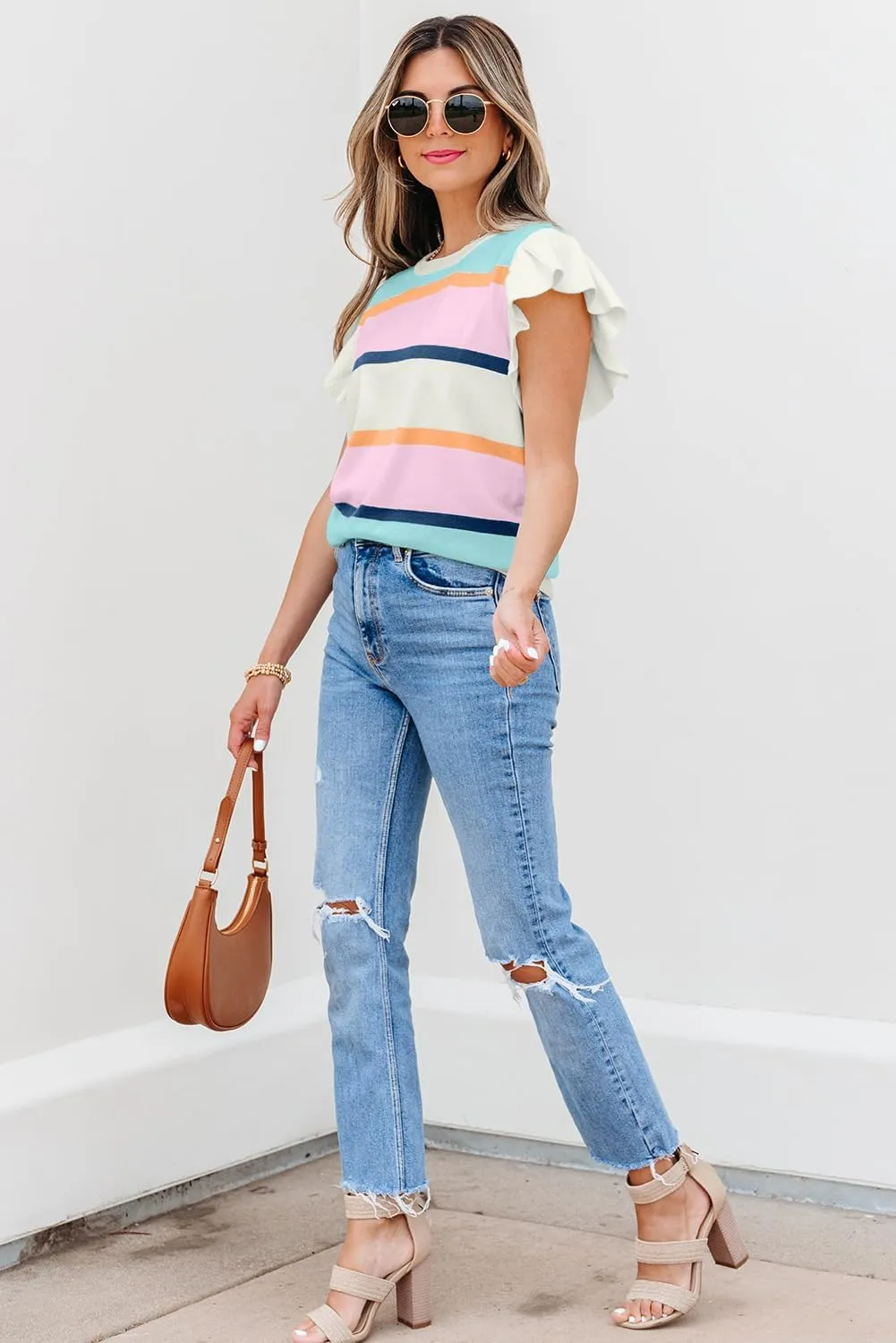 Women's Round Neck Striped Contrasting Ruffle Edge Short Sleeve Casual Knitted Pullover Top