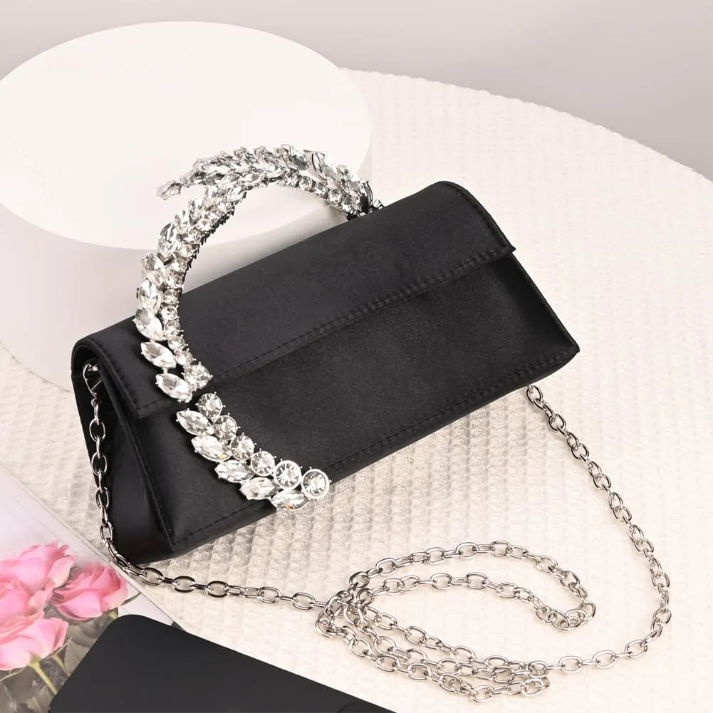 Women's Satin Evening Handbag Rhinestone Handle Clutch Purse Prom Bags Glitter Small Handbags for Party Wedding Prom