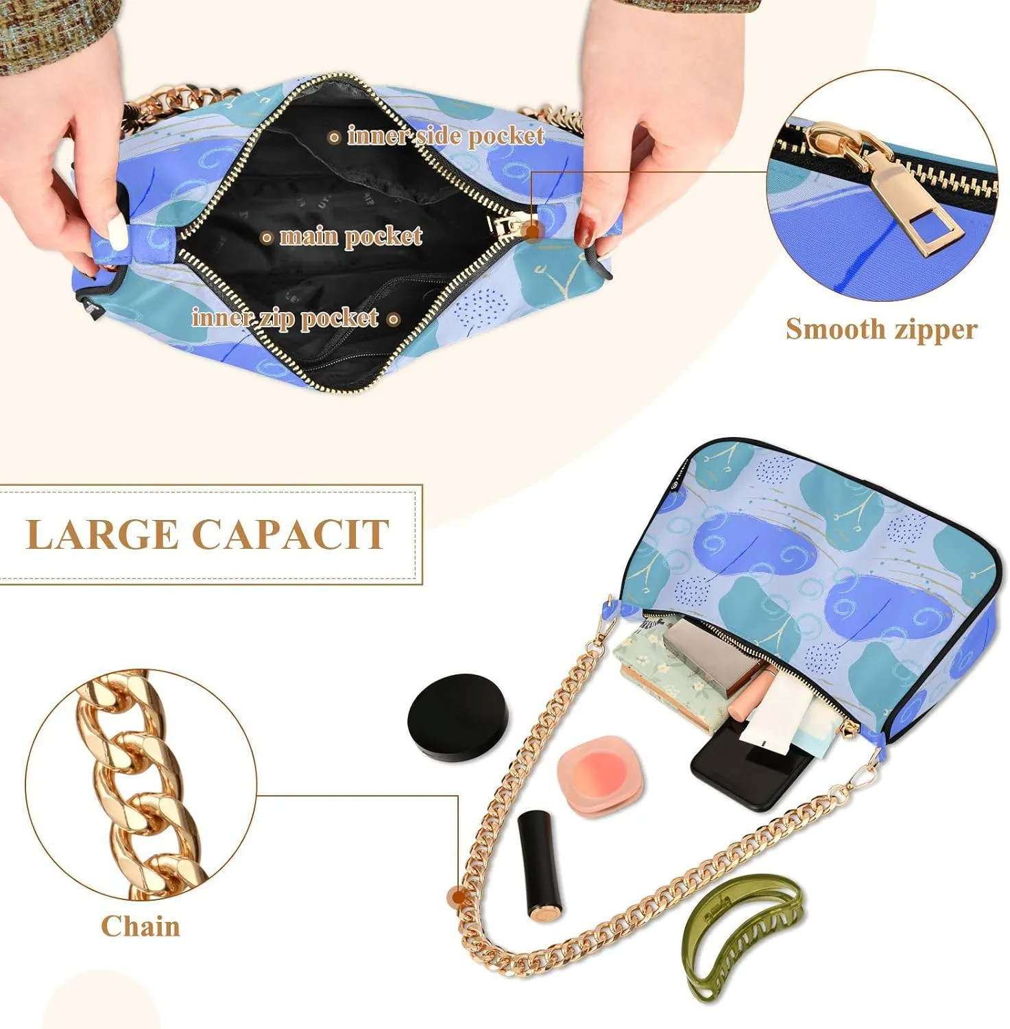 Women's Shoulder Handbags Chain Shoulder Brace for Women Bag Doodle Print Ladies Vacation Handbags Tote Purse,Multi1