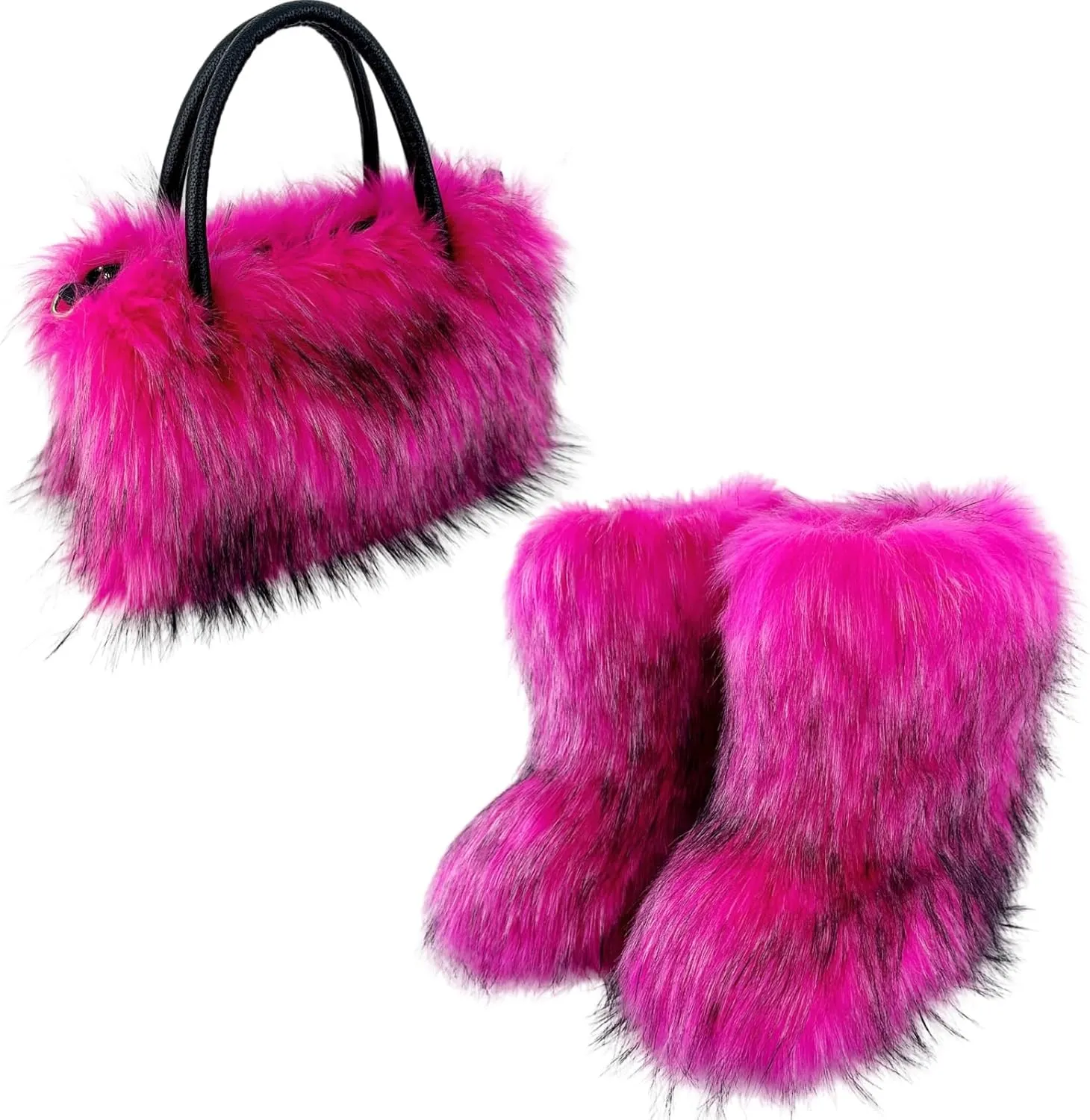 Women's Shoulder Handbags Faux Fur Tote Bag Fluffy Handbags Winter Handbag Boots Set Plush Tote Bag Mid Calf Boots, Rose Red 43