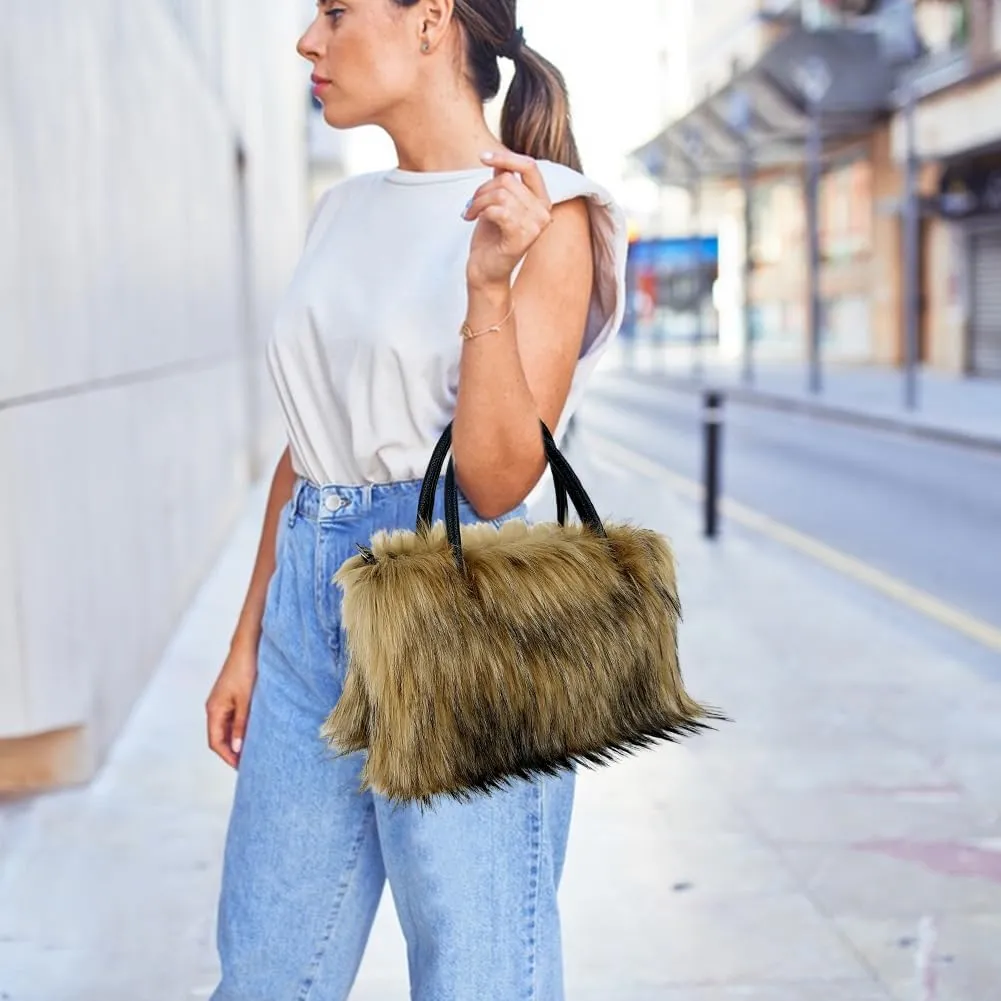 Women's Shoulder Handbags Faux Fur Tote Bag Fluffy Handbags Winter Handbag Boots Set Plush Tote Bag Mid Calf Boots, Rose Red 43
