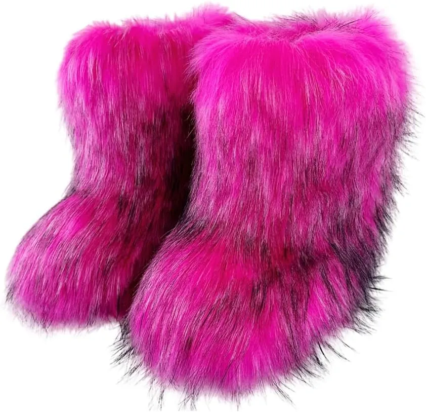 Women's Shoulder Handbags Faux Fur Tote Bag Fluffy Handbags Winter Handbag Boots Set Plush Tote Bag Mid Calf Boots, Rose Red 43