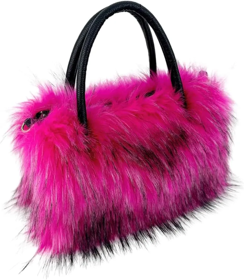 Women's Shoulder Handbags Faux Fur Tote Bag Fluffy Handbags Winter Handbag Boots Set Plush Tote Bag Mid Calf Boots, Rose Red 43