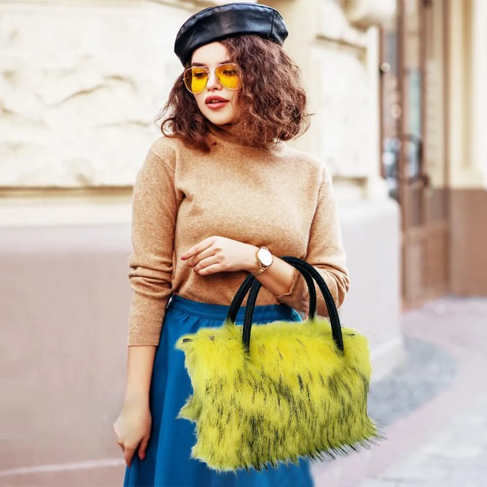 Women's Shoulder Handbags Faux Fur Tote Bag Fluffy Handbags Winter Handbag Boots Set Plush Tote Bag Mid Calf Boots, Rose Red 43