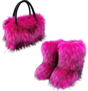 Women's Shoulder Handbags Faux Fur Tote Bag Fluffy Handbags Winter Handbag Boots Set Plush Tote Bag Mid Calf Boots, Rose Red 43