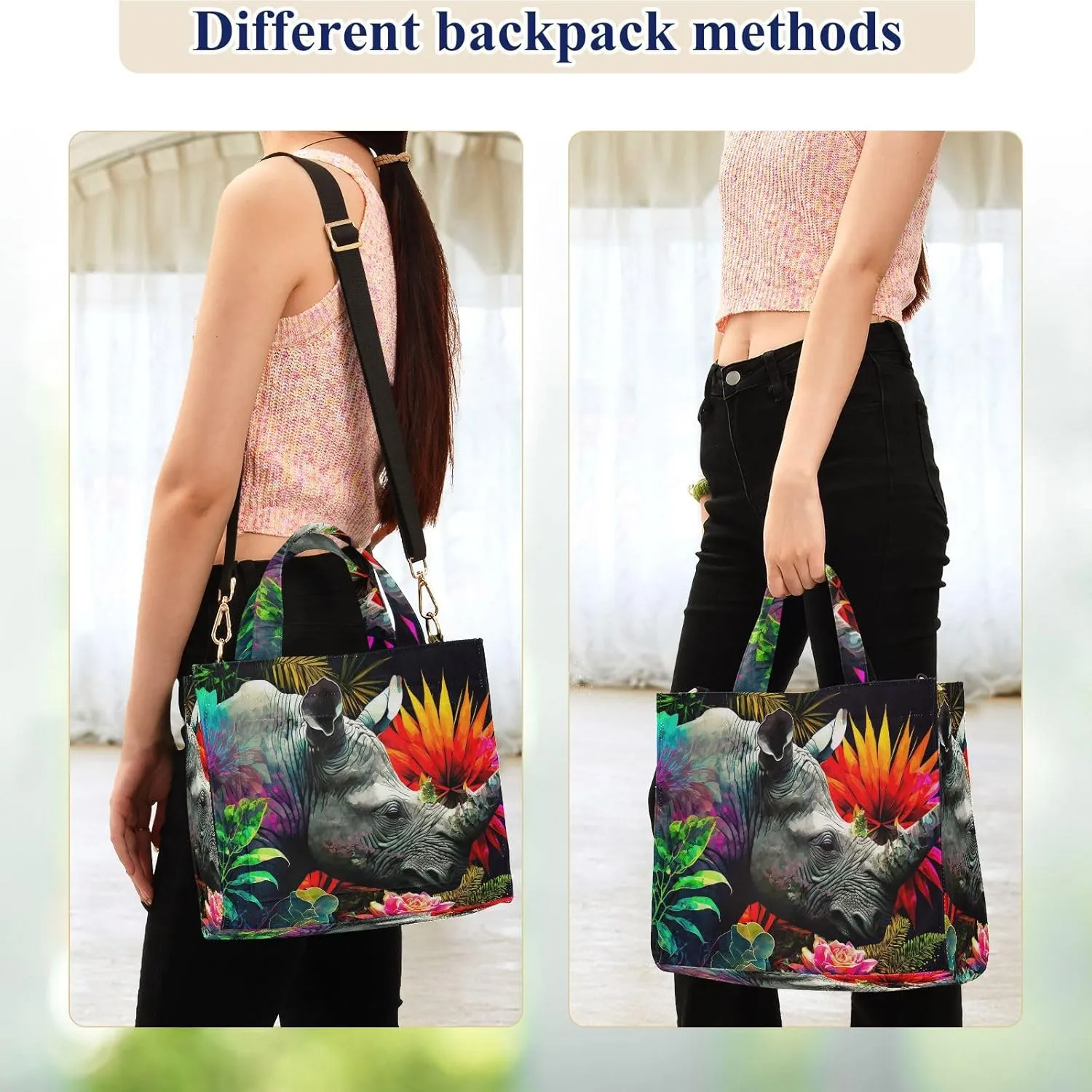 Women's Shoulder Handbags Rhinoceros Flowers Print, Corduroy Tote Bag Large Capacity Small Size